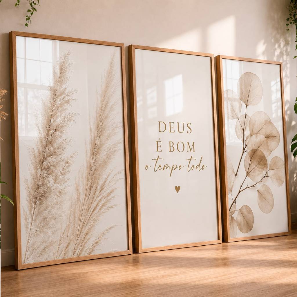 Quadro Decorativo Trio Flores Minamislista Clean Douradas Deus é Bom o Tempo Todo Para Sala Quarto 4K