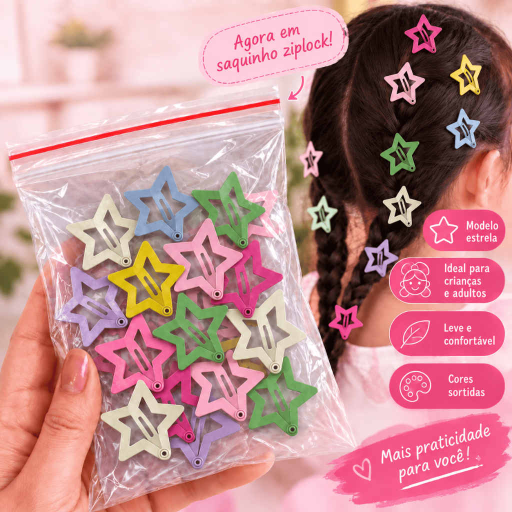 Presilhas Estrela Colorida Tic Tac Cores Sortidas Infantil Prendedores Cabelo Menina Grampos Estrelinhas Clip Xuxinha